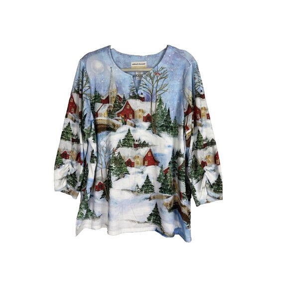 AD Womens 1X Holiday Novelty All Over Print Tunic Blouse Grandma Festive Cottage - Picture 1 of 7